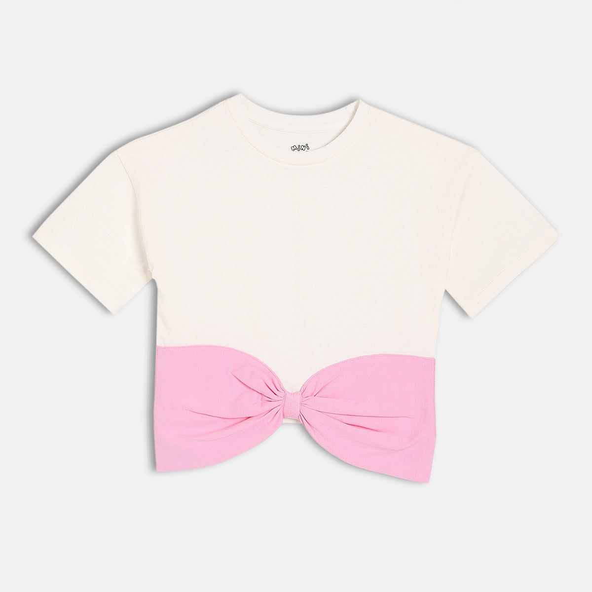 Girls Solid Front Bow Detail Top , Cream Pink