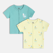 Baby Boys Front Open Short Sleeve Vest Pack Of 2, Green And Yellow