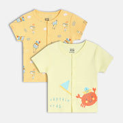 Baby Boys Printed And Solid Front Open Vest Pack Of 2, Mustard Yellow And Light Yellow