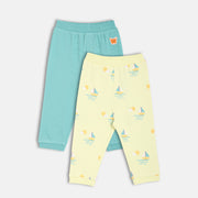 Baby Boys Sailboat Print And Solid Pants Pack Of 2, Aqua And Yellow