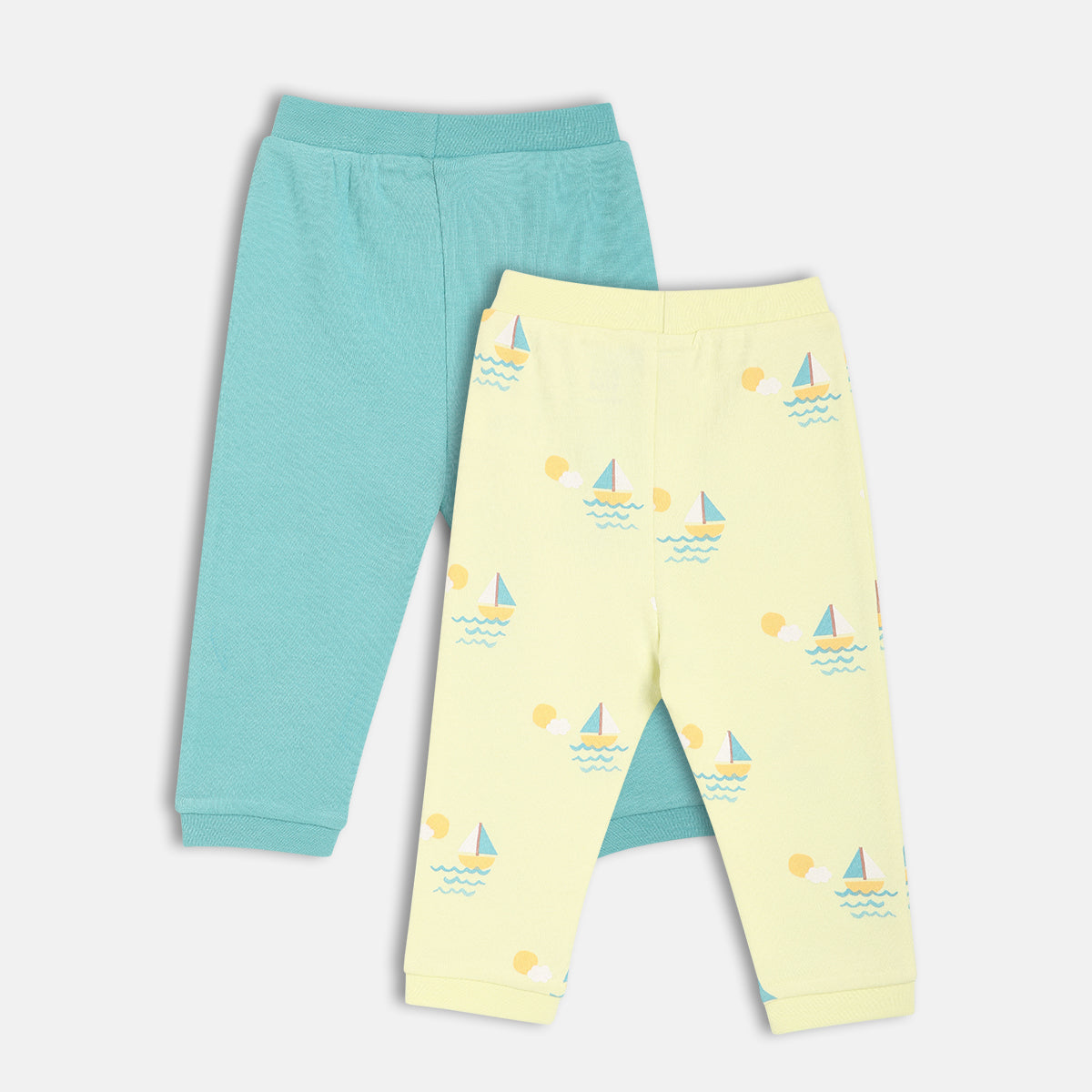 Baby Boys Sailboat Print And Solid Pants Pack Of 2, Aqua And Yellow