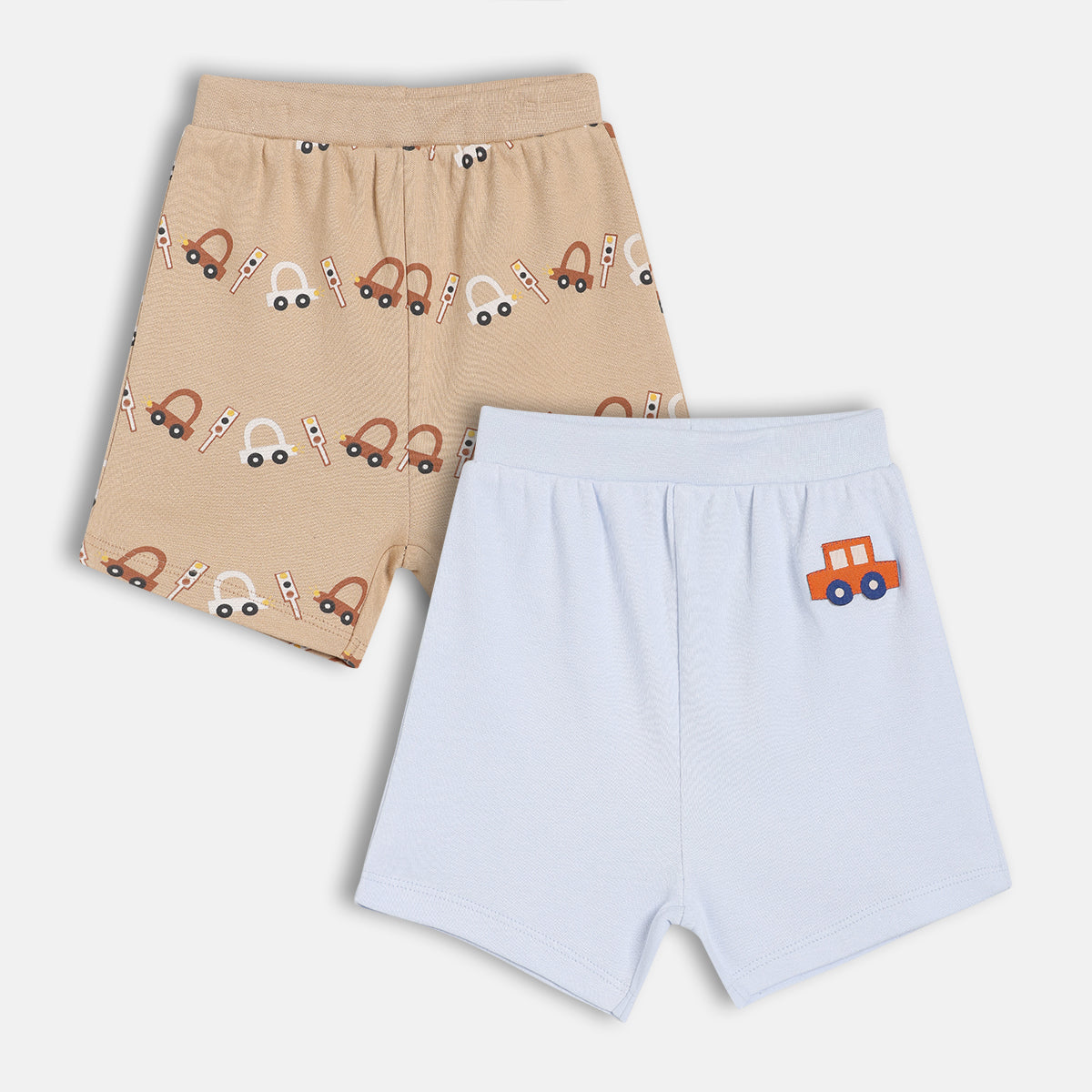 Baby Boys Vehicle Print And Solid Shorts Pack Of 2, Beige And Blue