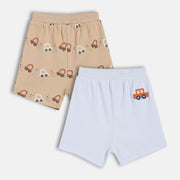Baby Boys Vehicle Print And Solid Shorts Pack Of 2, Beige And Blue