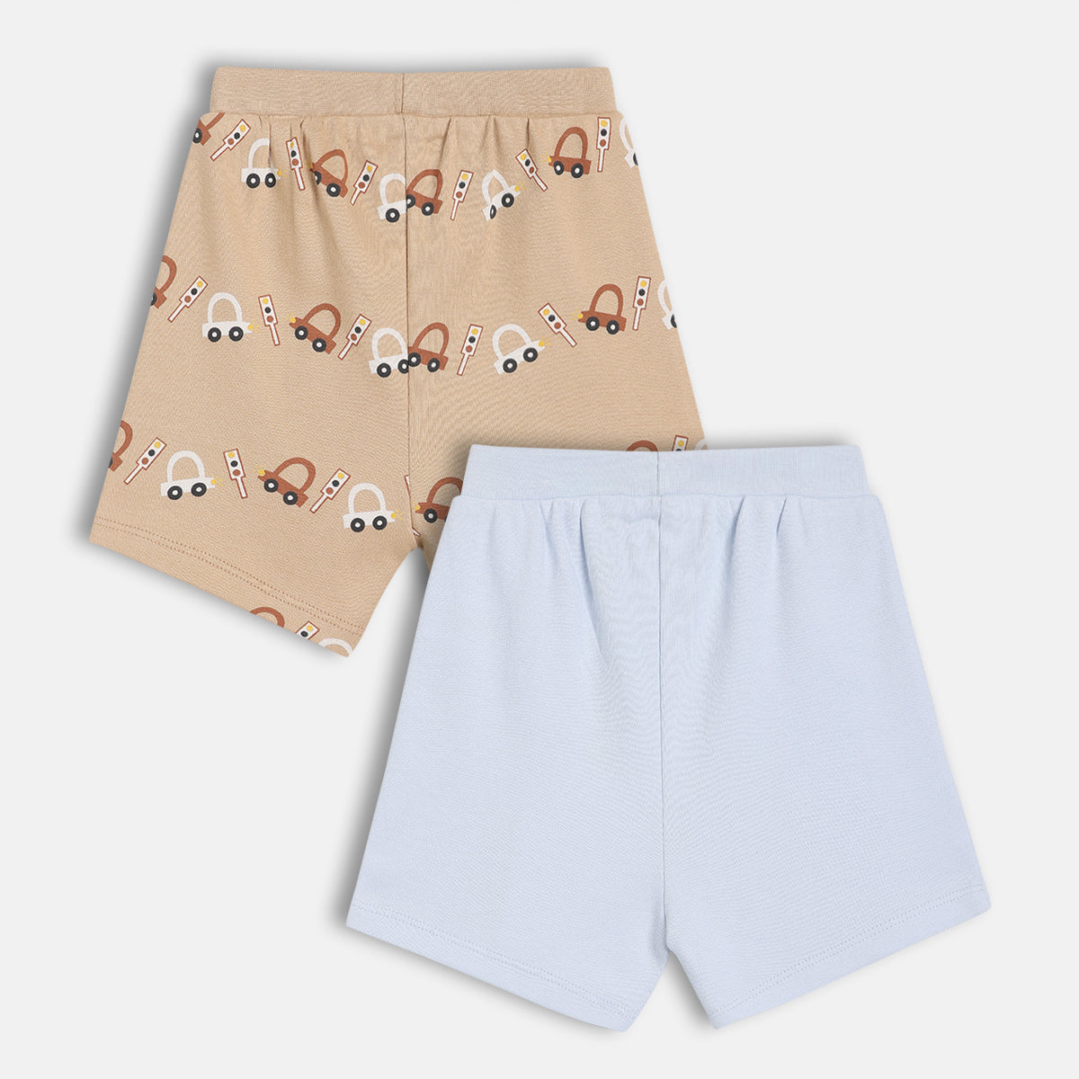 Baby Boys Vehicle Print And Solid Shorts Pack Of 2, Beige And Blue