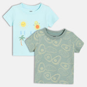 Baby Boys Graphic And All Over Print T-Shirt Pack Of 2, Blue And Green