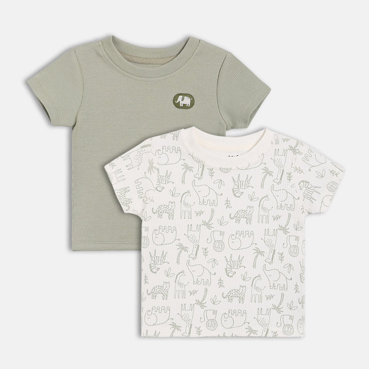 Baby Boys Sage Green and White Cotton Animal Printed and Appliqué T-Shirts Pack of 2 Regular Fit Casual Wear