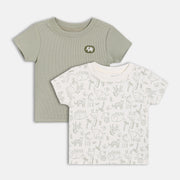 Baby Boys Sage Green and White Cotton Animal Printed and Appliqué T-Shirts Pack of 2 Regular Fit Casual Wear