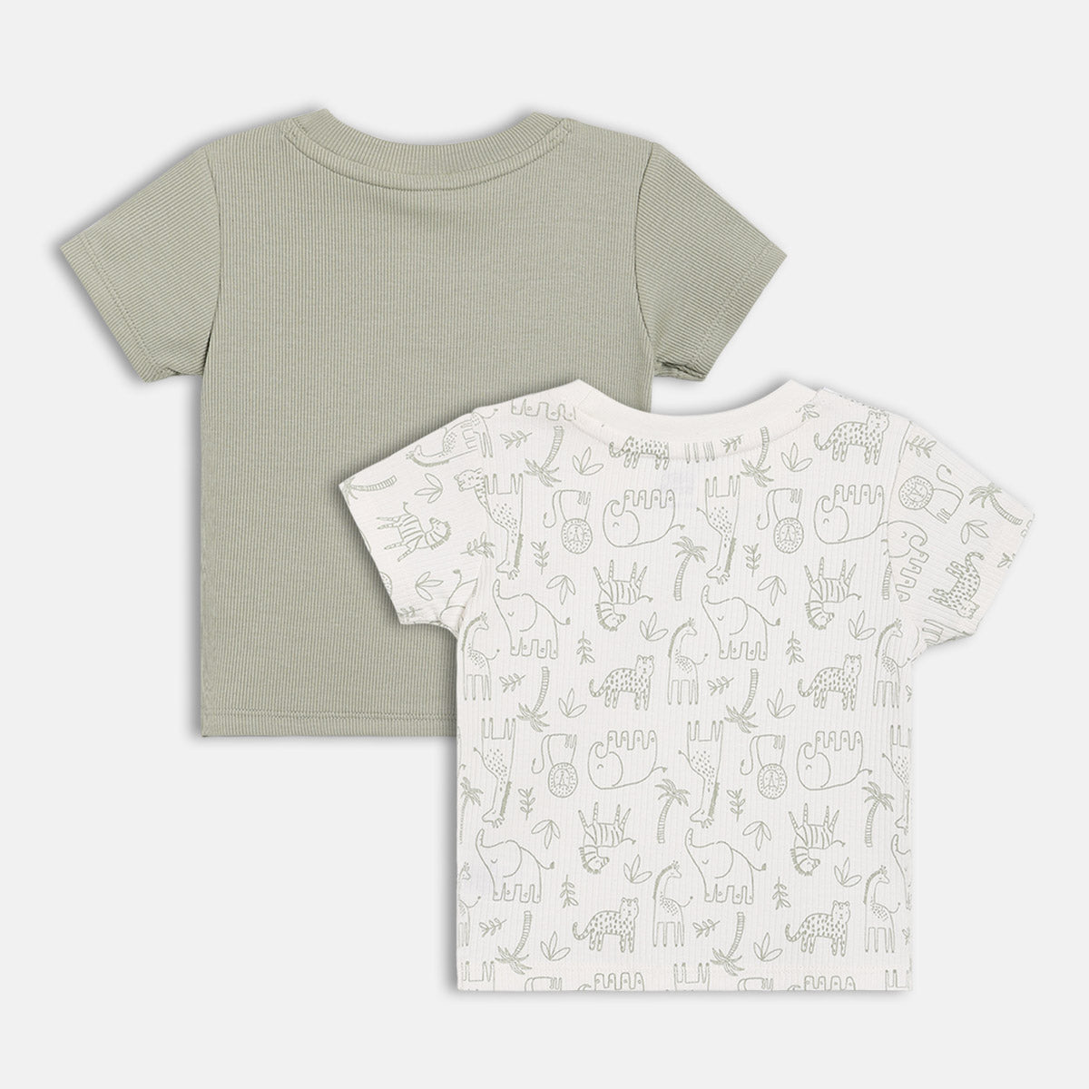 Baby Boys Sage Green and White Cotton Animal Printed and Appliqué T-Shirts Pack of 2 Regular Fit Casual Wear