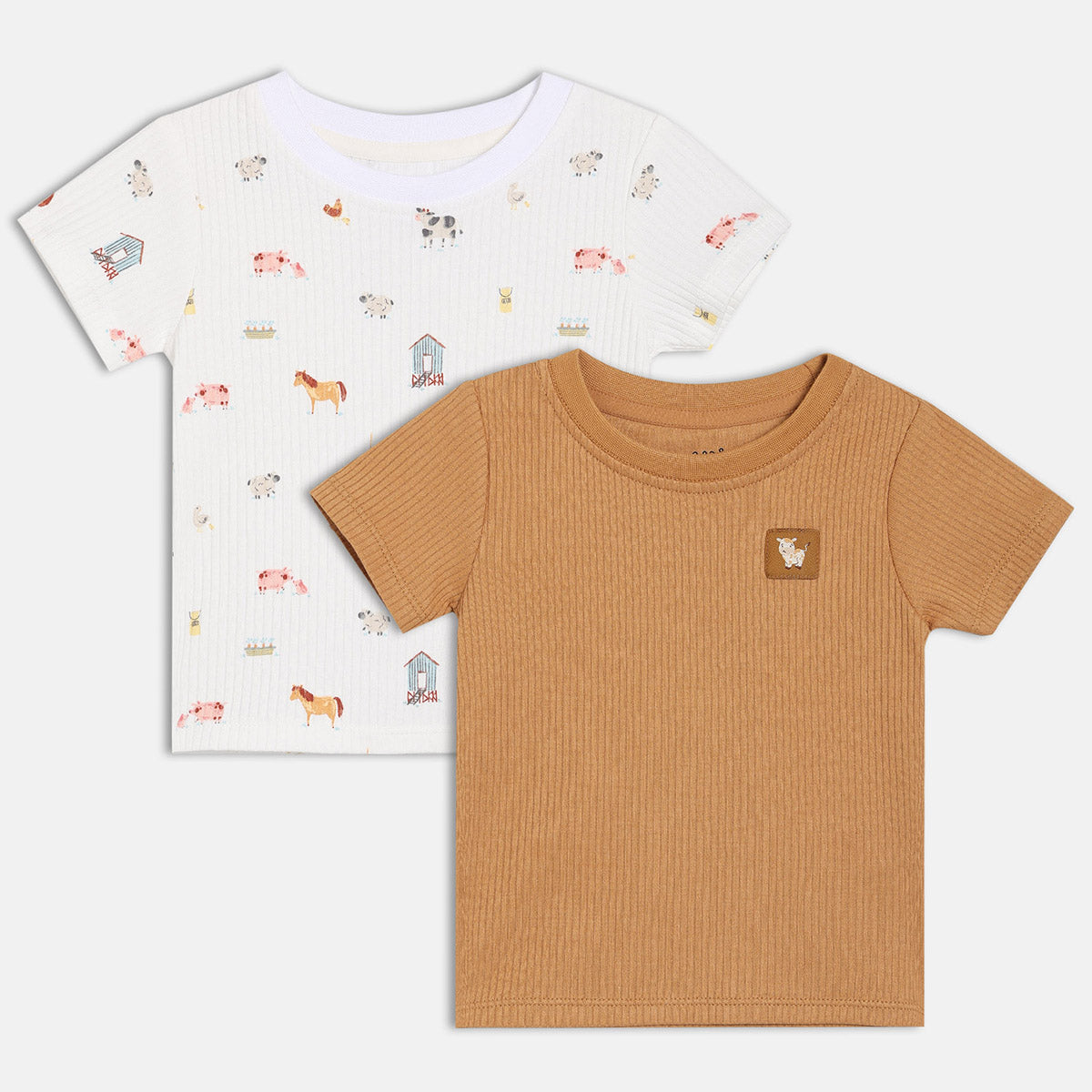 Baby Boys White and Camel Brown Cotton Farm Animal Printed and Appliqué T-Shirts Pack of 2 Regular Fit Casual Wear