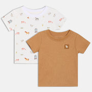Baby Boys White and Camel Brown Cotton Farm Animal Printed and Appliqué T-Shirts Pack of 2 Regular Fit Casual Wear