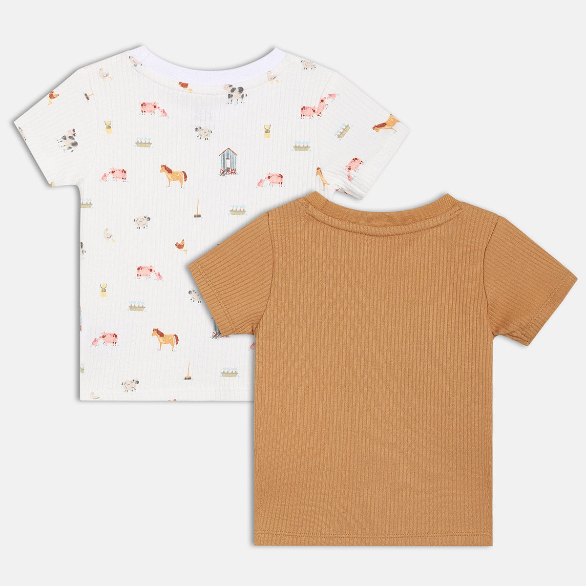 Baby Boys White and Camel Brown Cotton Farm Animal Printed and Appliqué T-Shirts Pack of 2 Regular Fit Casual Wear