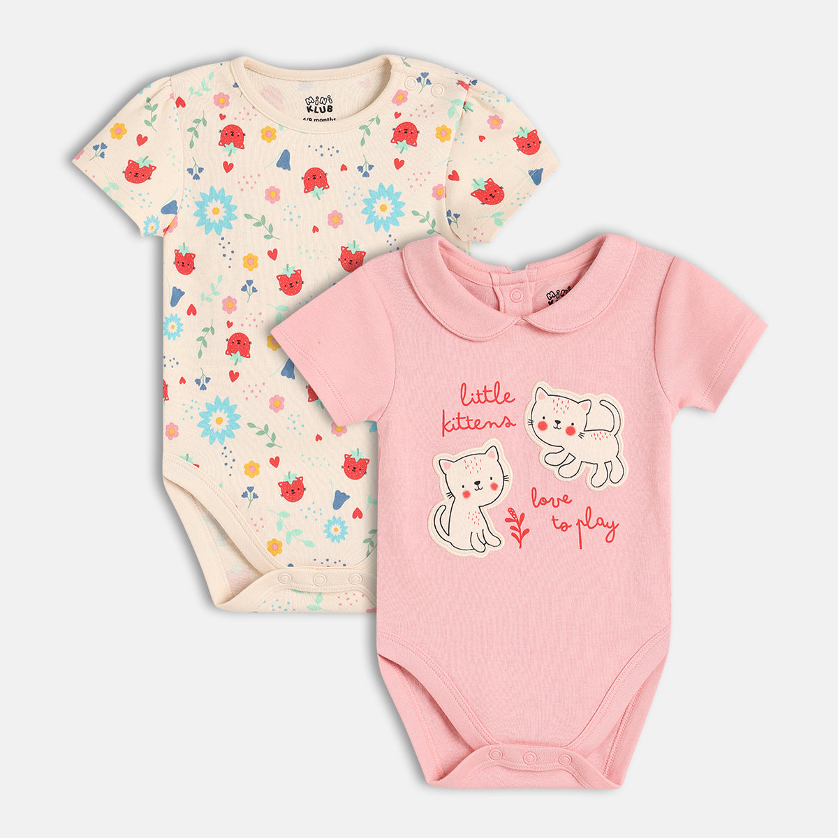 Baby Girls Little Kitten Printed Bodysuit Pack Of 2, Pink And Cream