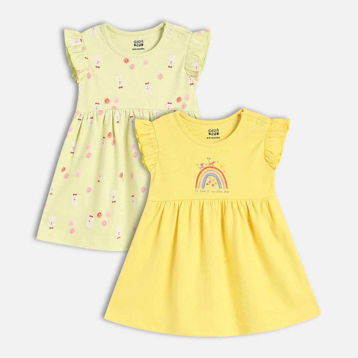 Baby Girls Rainbow And Teddy Print Dress Pack Of 2,Yellow And Green