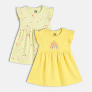 Baby Girls Rainbow And Teddy Print Dress Pack Of 2,Yellow And Green