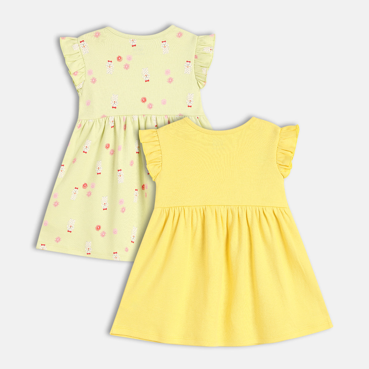 Baby Girls Rainbow And Teddy Print Dress Pack Of 2,Yellow And Green