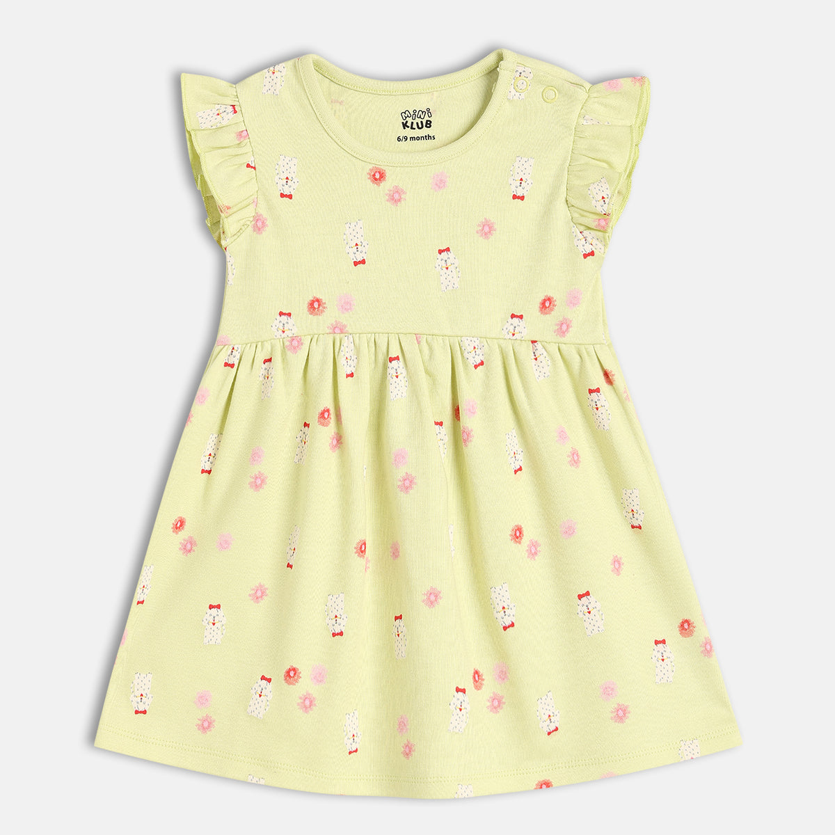 Baby Girls Rainbow And Teddy Print Dress Pack Of 2,Yellow And Green