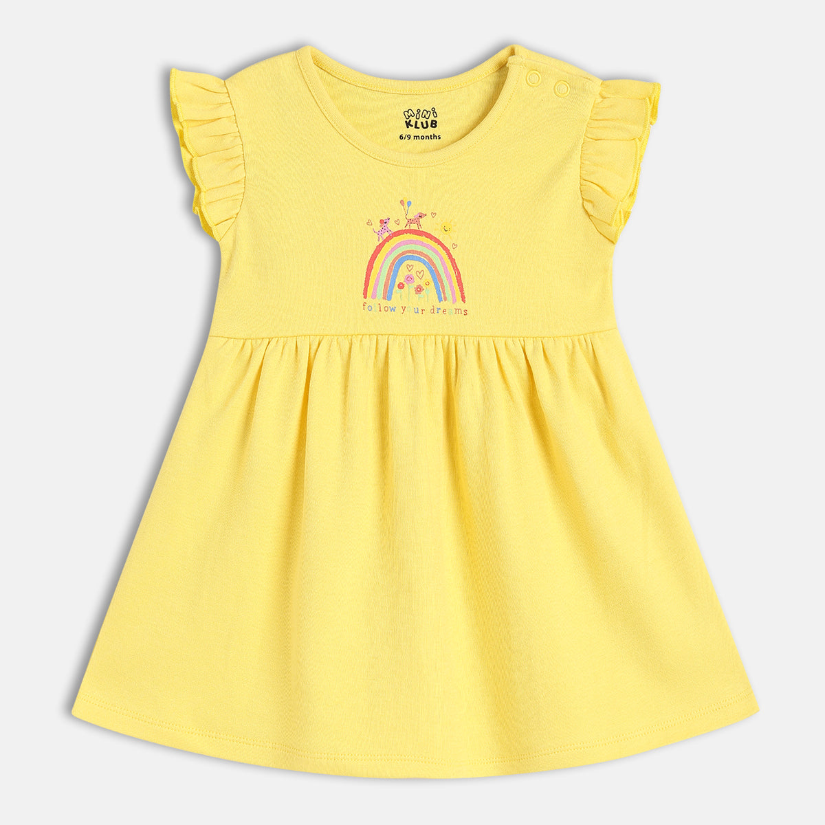 Baby Girls Rainbow And Teddy Print Dress Pack Of 2,Yellow And Green