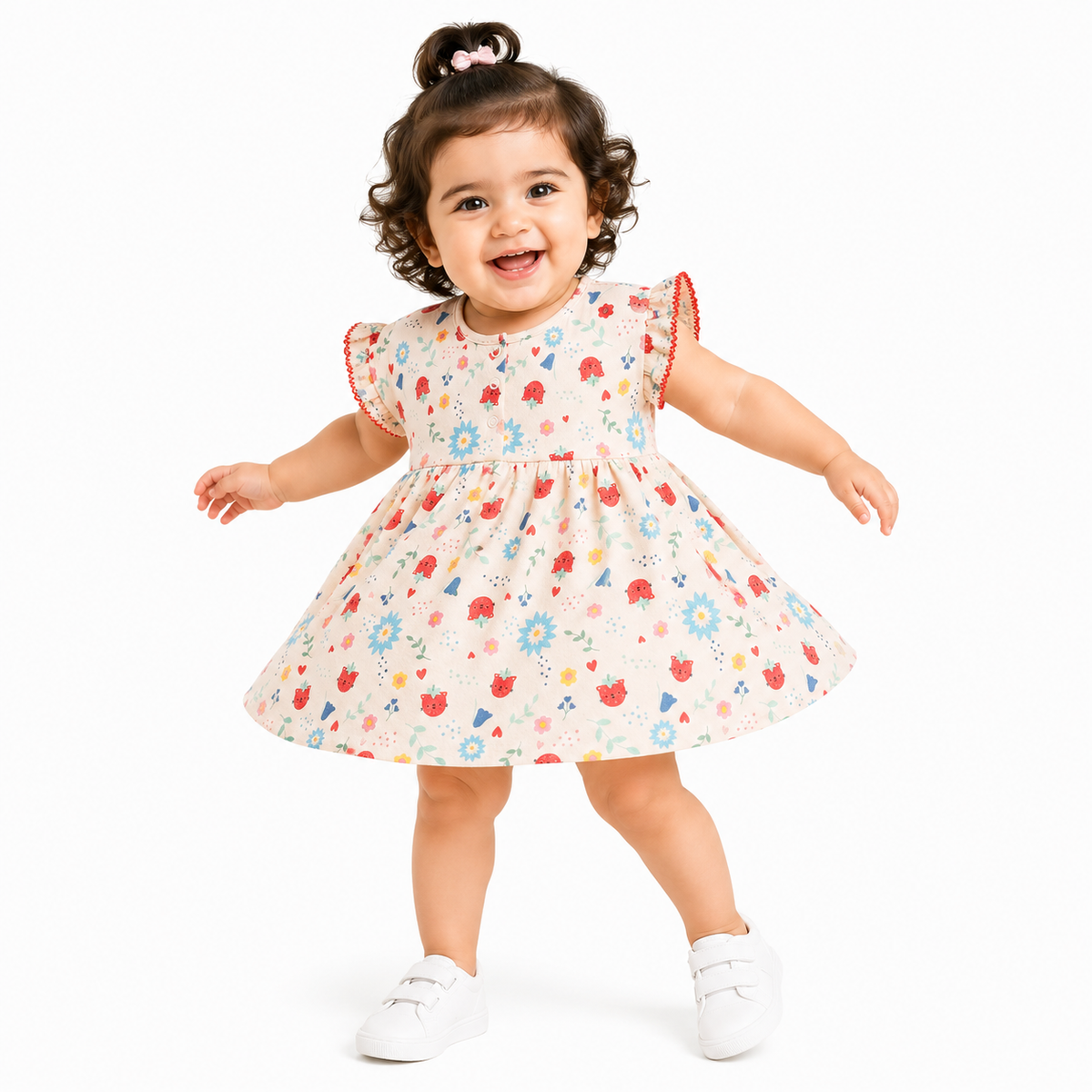 Baby Girls Pink and Cream Cotton Dresses Pack of 2 Floral and Striped Design Casual Baby Wear