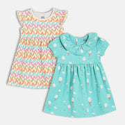 Baby Girls Ice Cream And Wave Print Dresses Pack Of 2, Multicolour