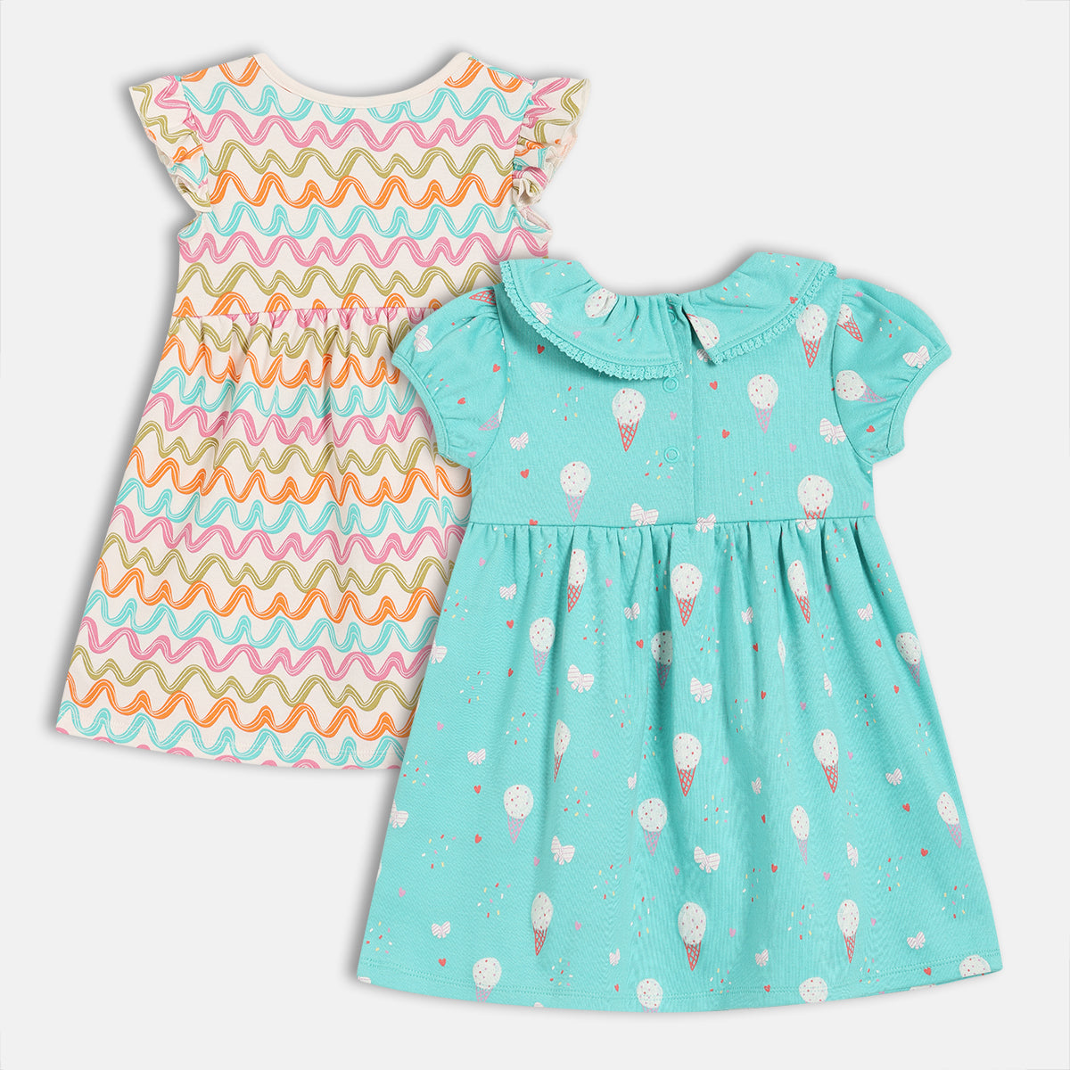 Baby Girls Ice Cream And Wave Print Dresses Pack Of 2, Multicolour