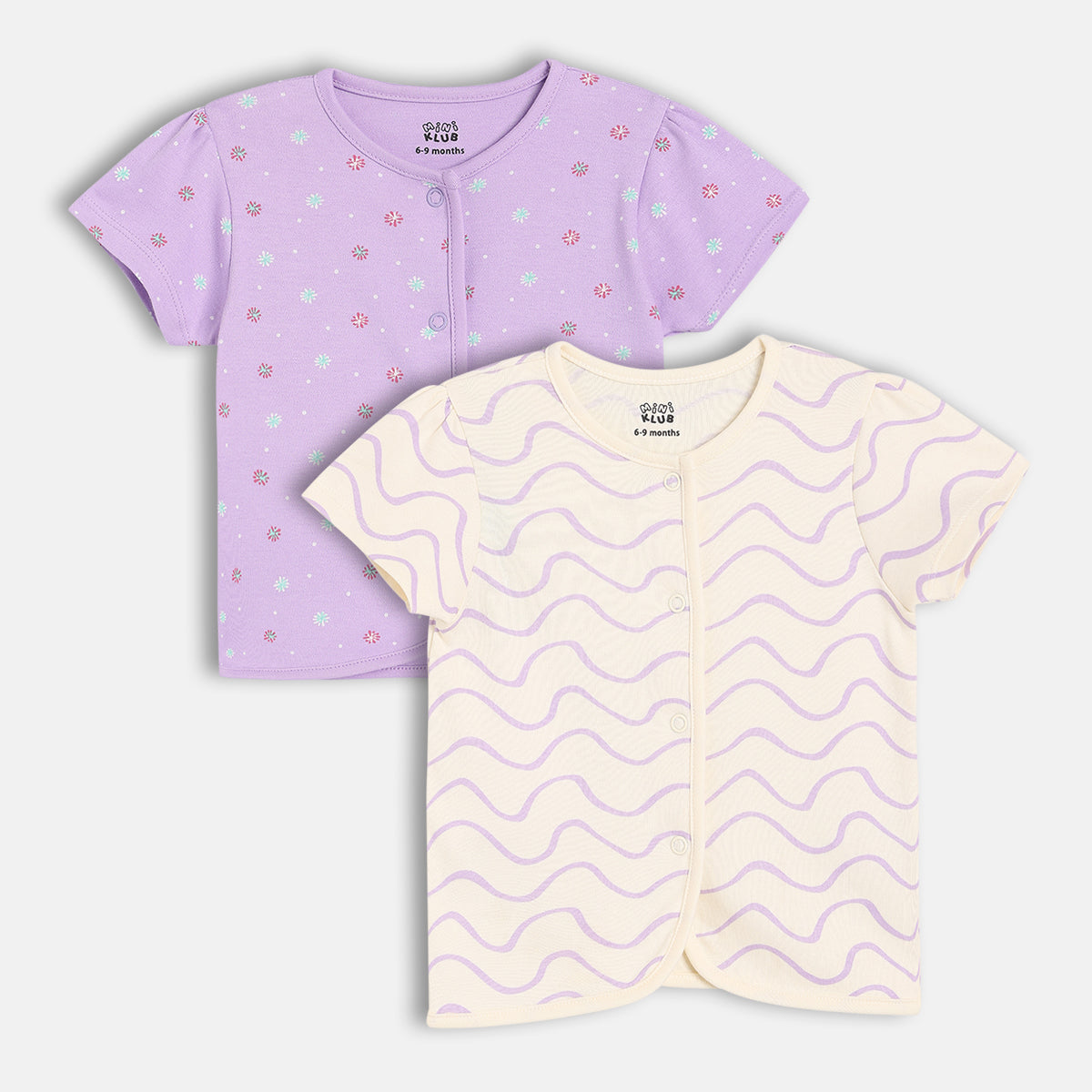 Baby Girls Floral And Wave Print Front Open Vest Pack Of 2, Lavender And Cream