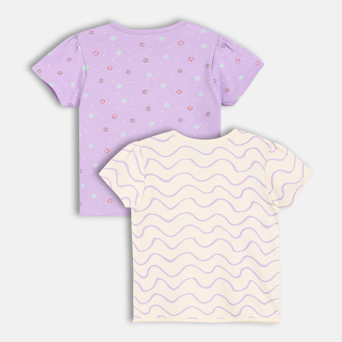Baby Girls Floral And Wave Print Front Open Vest Pack Of 2, Lavender And Cream