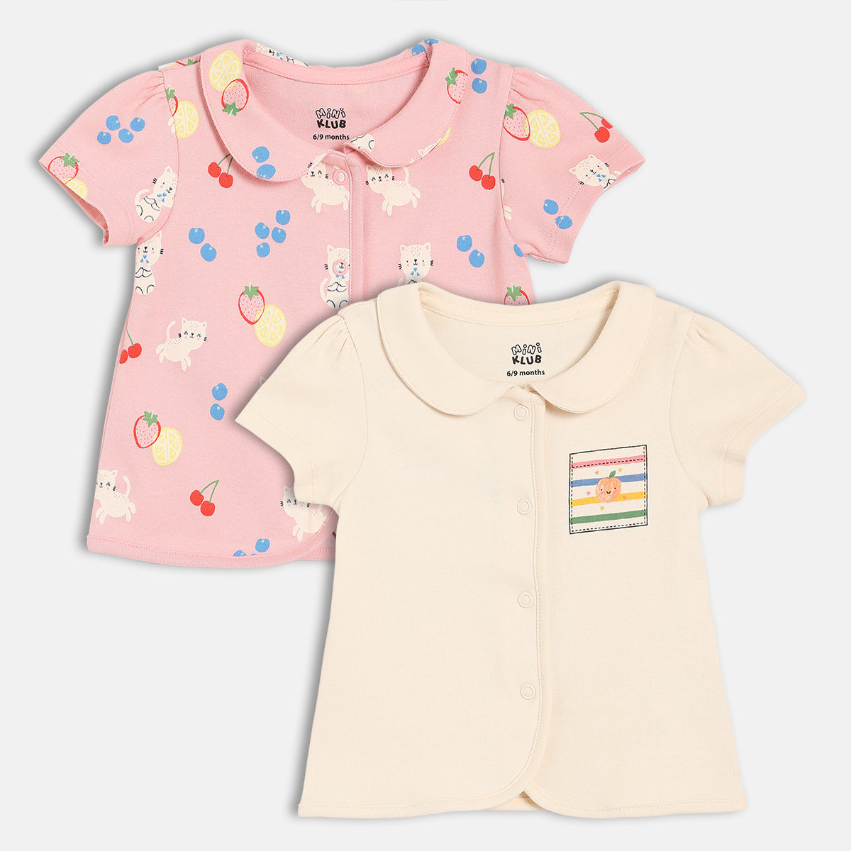 Baby Girls Kitten And Fruit Print Front Open Vest Pack Of 2, Pink And Cream
