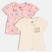 Baby Girls Kitten And Fruit Print Front Open Vest Pack Of 2, Pink And Cream