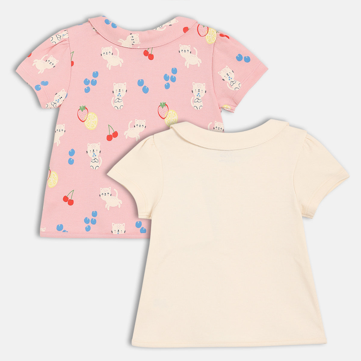 Baby Girls Kitten And Fruit Print Front Open Vest Pack Of 2, Pink And Cream