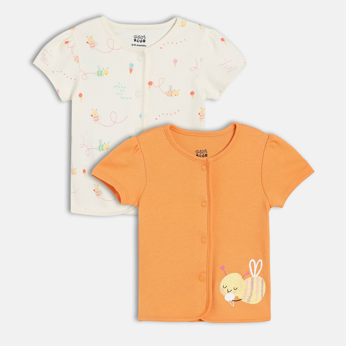 Baby Girls Bee And Ice Cream Print Front Open Vest Pack Of 2, Orange And Off White