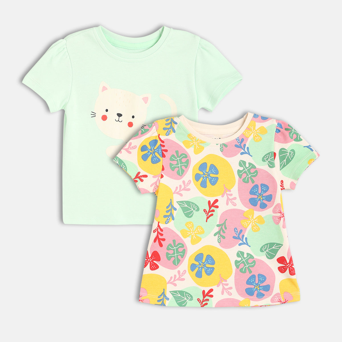 Baby Girls Kitten And Floral Print Knit Tops Pack Of 2, Mint Green And Multicolour