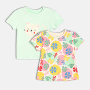 Baby Girls Kitten And Floral Print Knit Tops Pack Of 2, Mint Green And Multicolour
