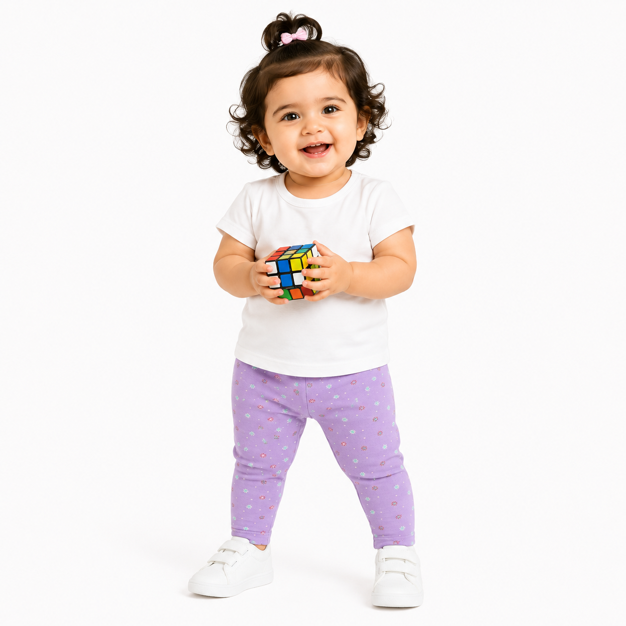 Baby Girls Lavender and Cream Cotton Printed Leggings Pack of 2 Regular Fit Casual Wear