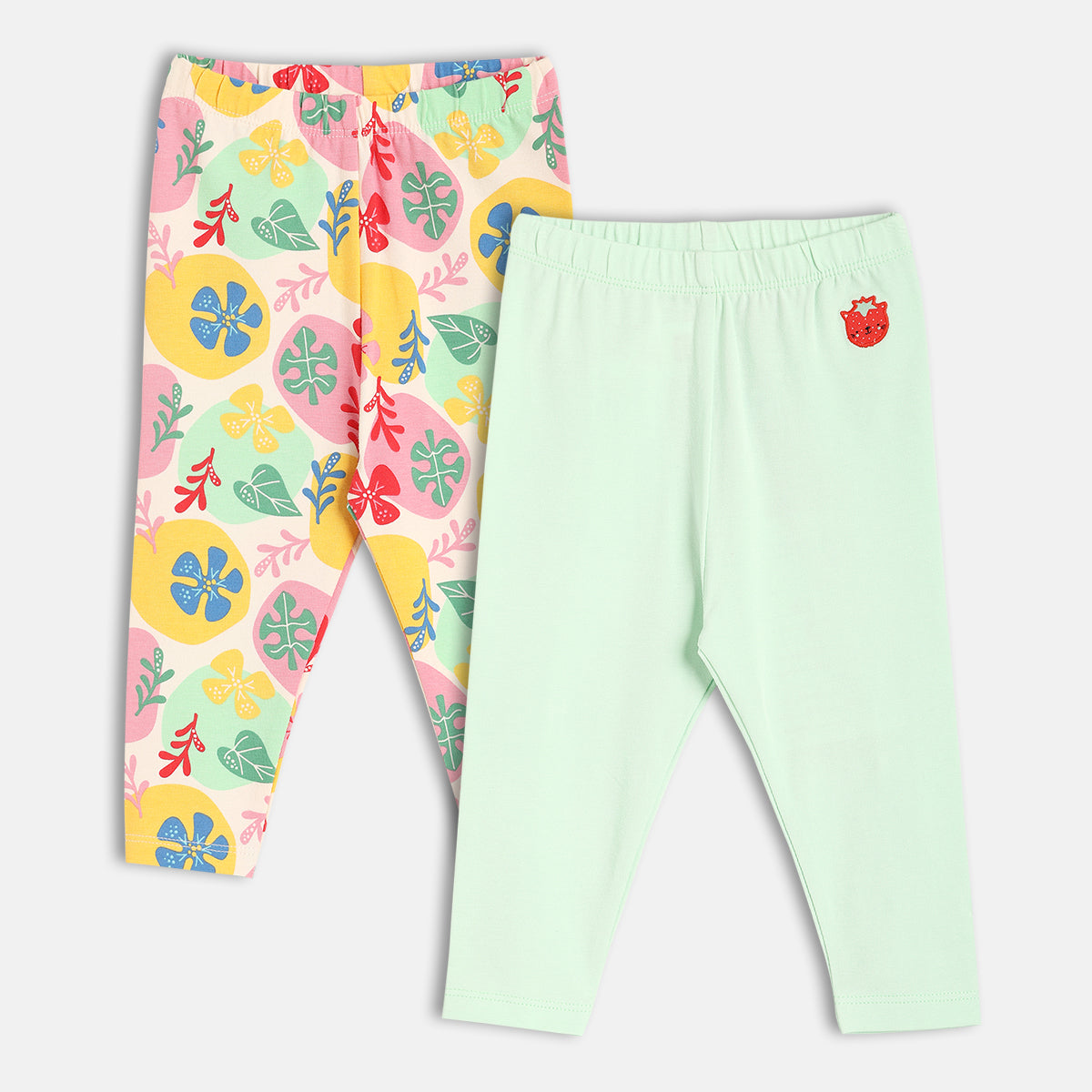Baby Girls Kitten Applique And Floral Print Leggings Pack Of 2, Mint Green And Multicolour