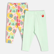 Baby Girls Kitten Applique And Floral Print Leggings Pack Of 2, Mint Green And Multicolour