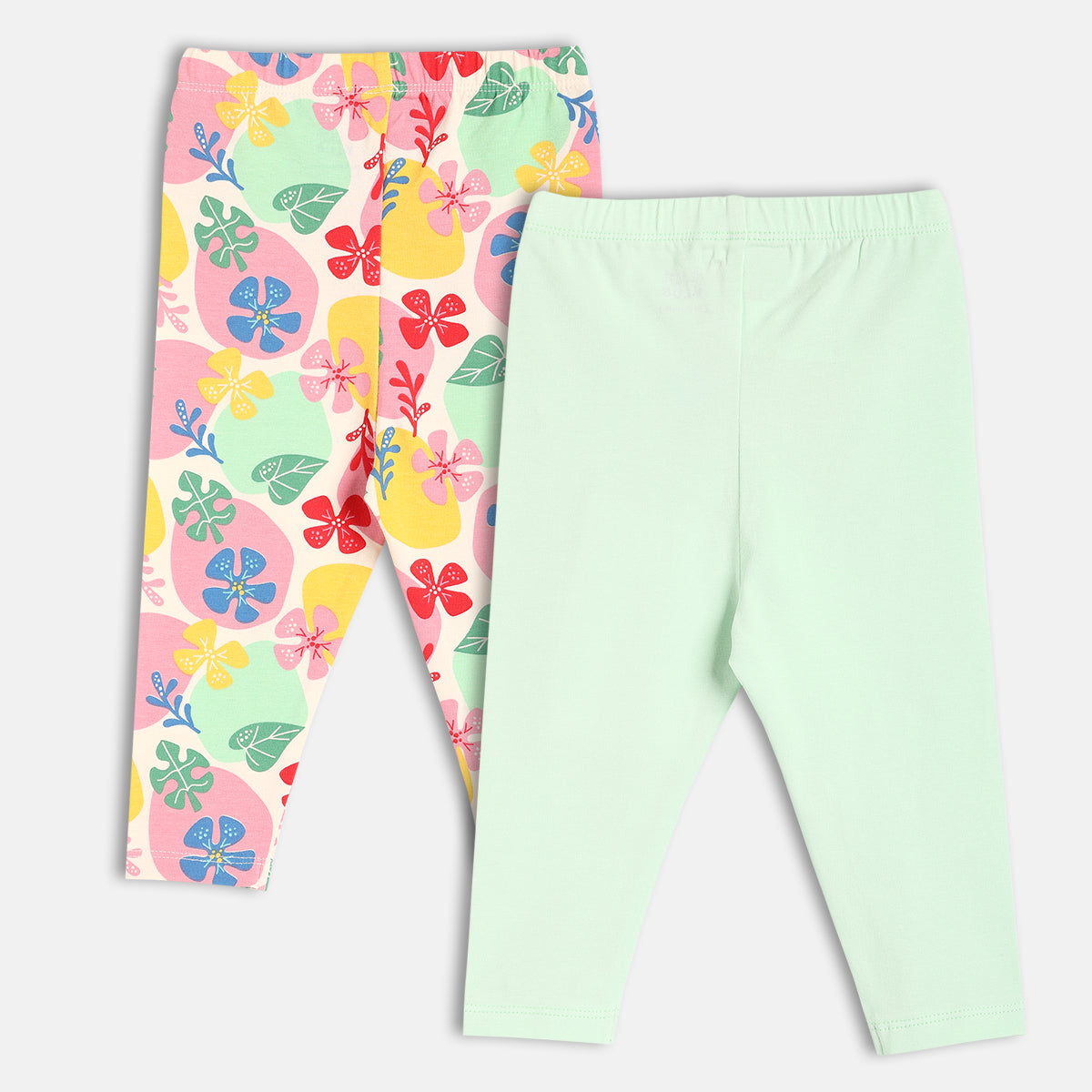 Baby Girls Kitten Applique And Floral Print Leggings Pack Of 2, Mint Green And Multicolour