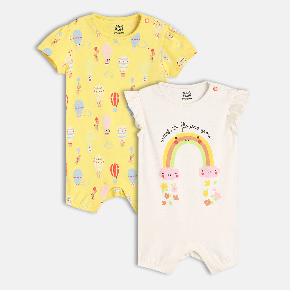 Baby Girls Rainbow And Balloon Print Rompers Pack Of 2, Multicolour