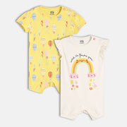 Baby Girls Rainbow And Balloon Print Rompers Pack Of 2, Multicolour