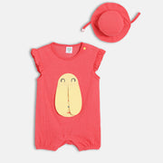 Sleeveless Applique Romper With Cap - Coral