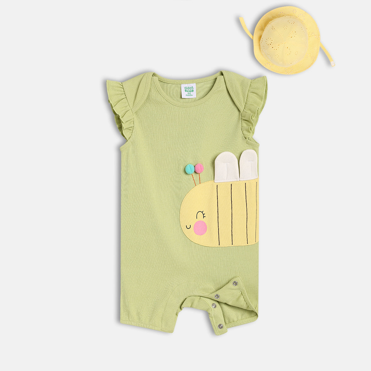 Baby Girls Cute Snail Applique Romper With Hat, Green And Yellow