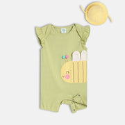 Baby Girls Cute Snail Applique Romper With Hat, Green And Yellow