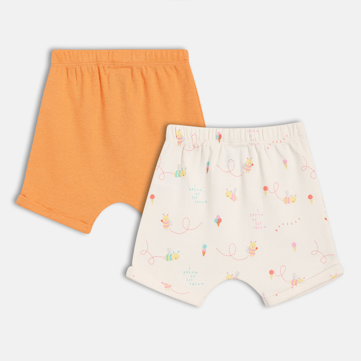 Baby Girls Bee And Ice Cream Print Shorts Pack Of 2, Orange And Off White