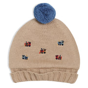 Boys Train Embroidery Knitted Beanie - Beige