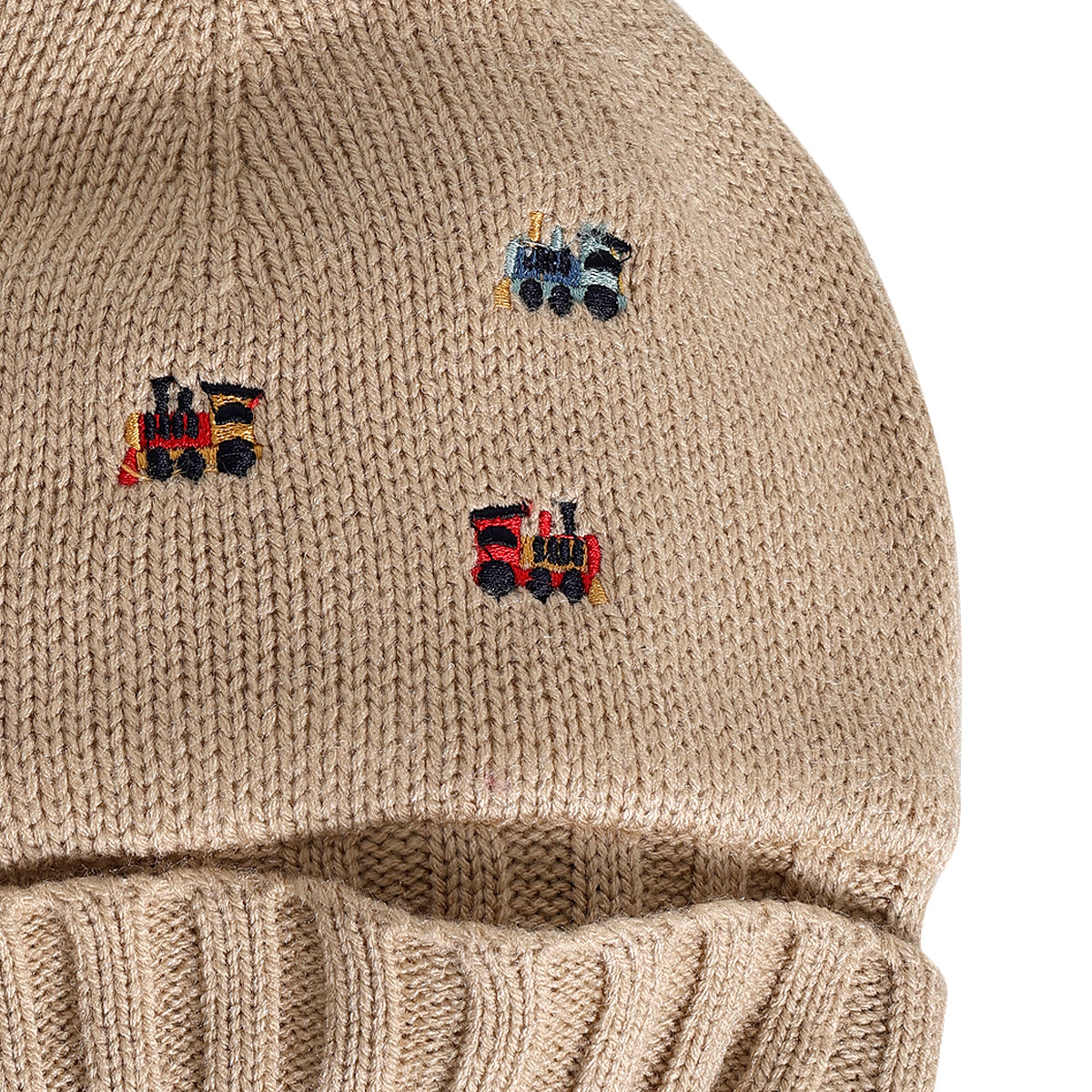 Boys Train Embroidery Knitted Beanie - Beige