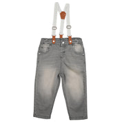 Boys Cotton Solid Denim Pant With Suspender - Grey