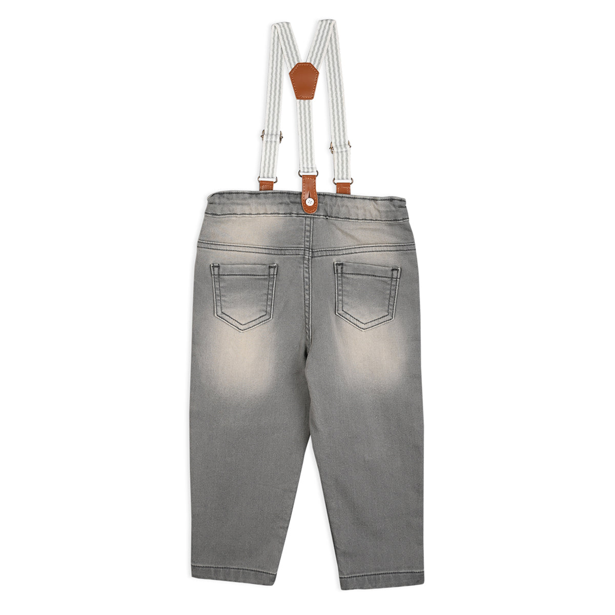 Boys Cotton Solid Denim Pant With Suspender - Grey