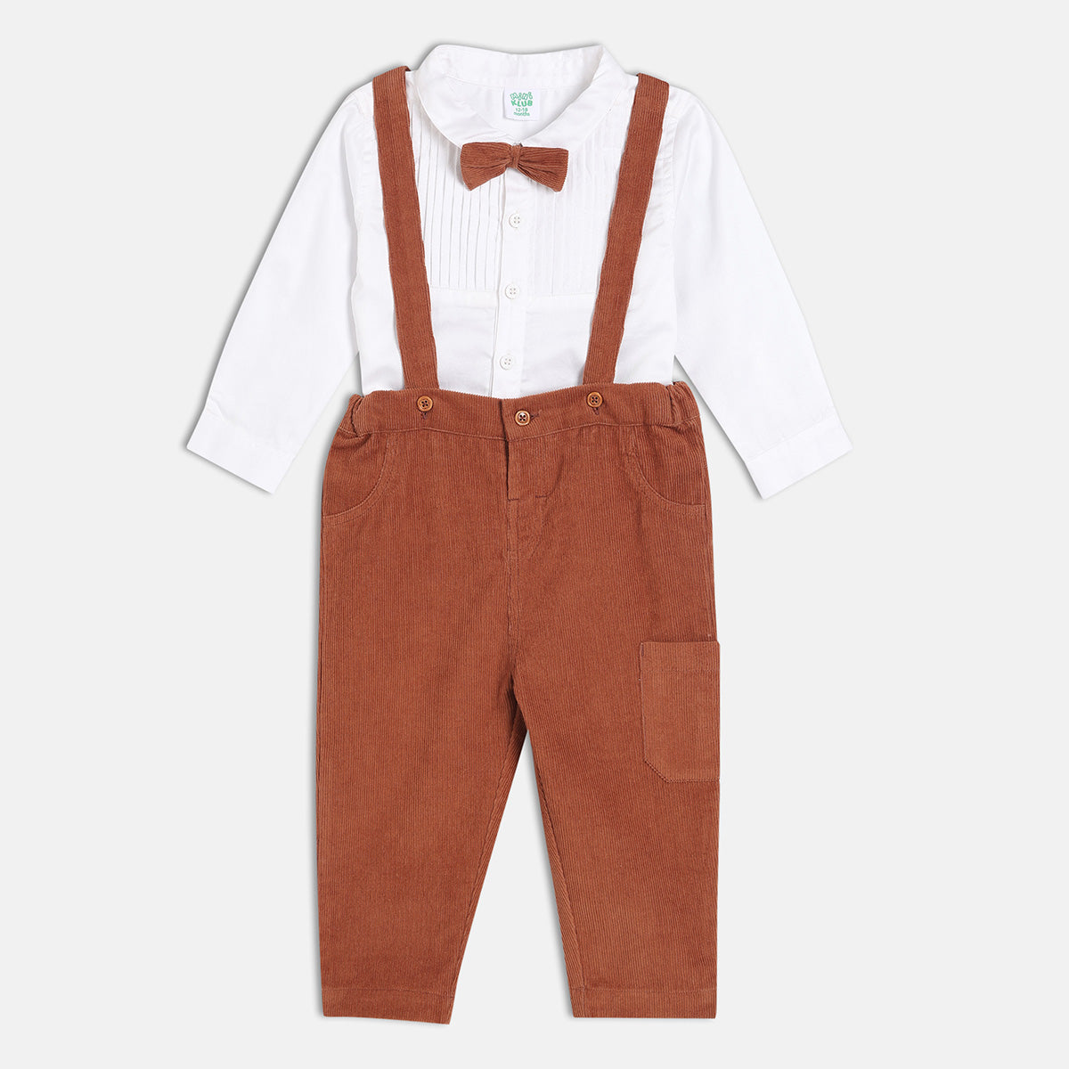 Boys Cotton Sleeveless Solid Dungaree Set - White & Brown