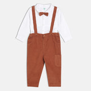Boys Cotton Sleeveless Solid Dungaree Set - White & Brown