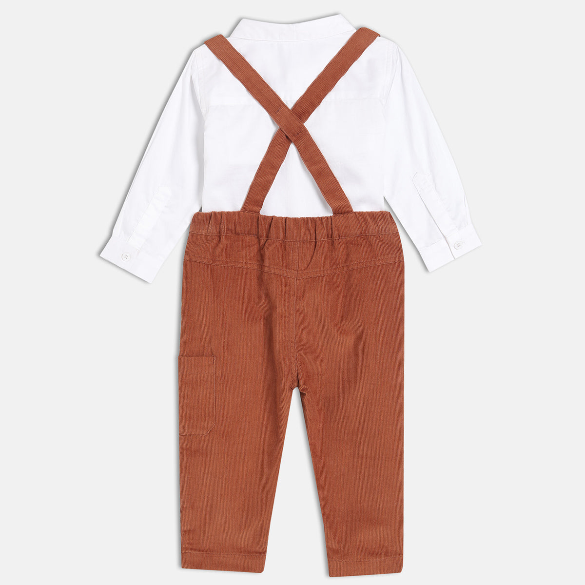 Boys Cotton Sleeveless Solid Dungaree Set - White & Brown
