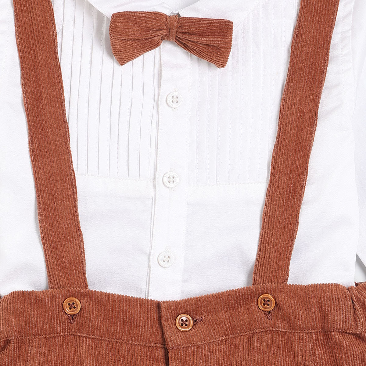 Boys Cotton Sleeveless Solid Dungaree Set - White & Brown
